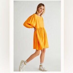 Free People Bright Orange Puff-Sleeve Mini Dress